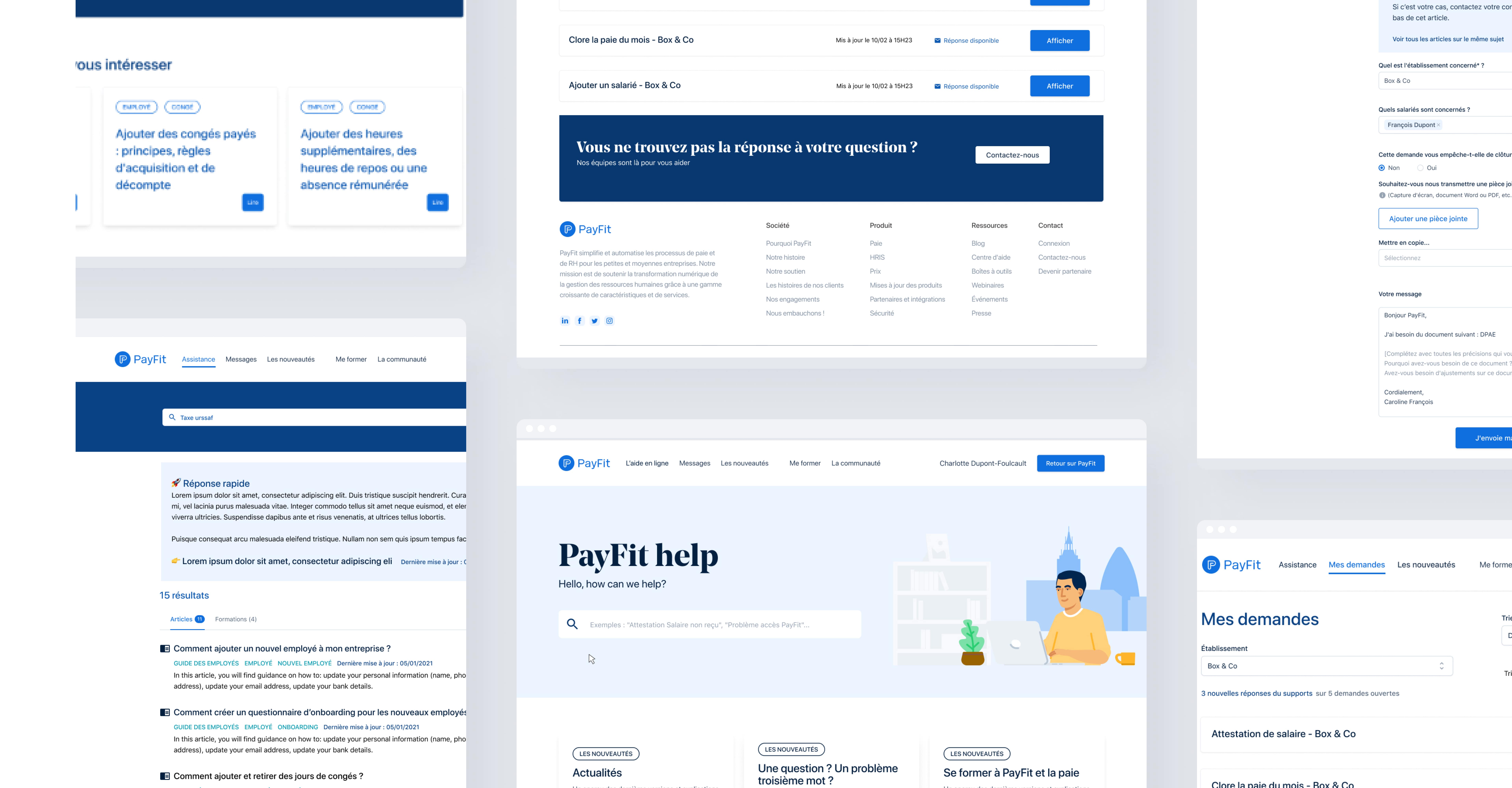"Écrans du help center PayFit redessiné — résultat d'une mission UX de 3 mois ayant divisé par 3 les tickets de support niveau 1."
