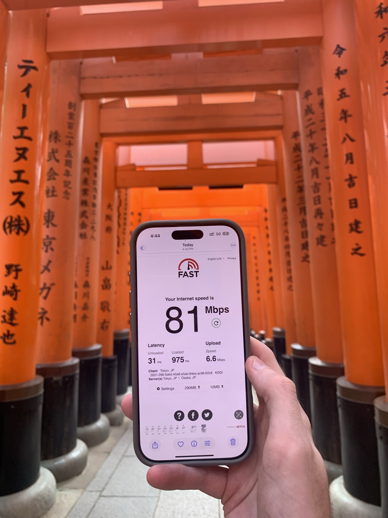 Speed test result of 81 Mbps recorded on a phone at Fushimi Inari, Japan
