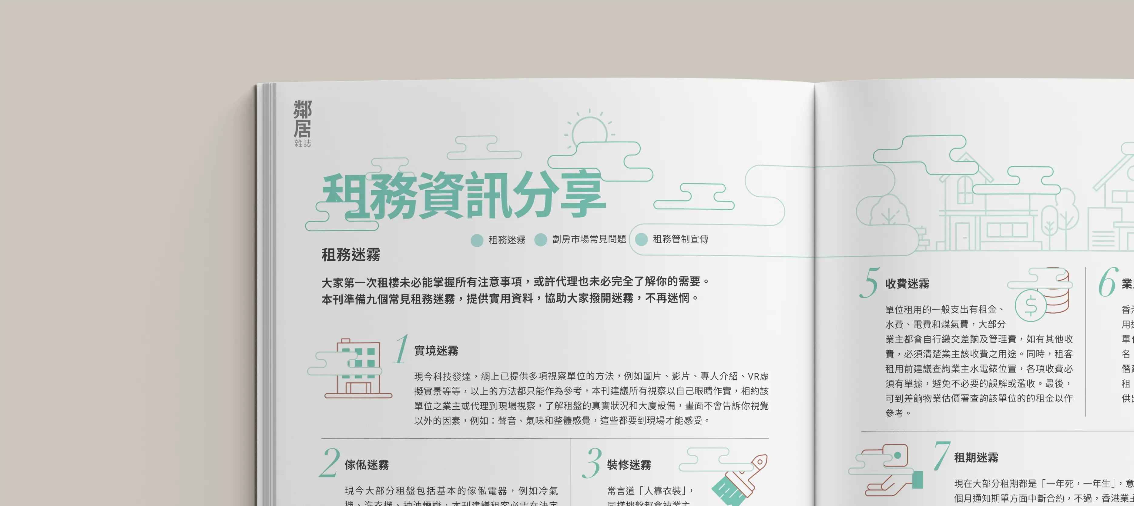 Neighbour Magazine interior spread – clean layout with sans-serif typography and infographics on subdivided flat rent and issues by Teatime Studio.