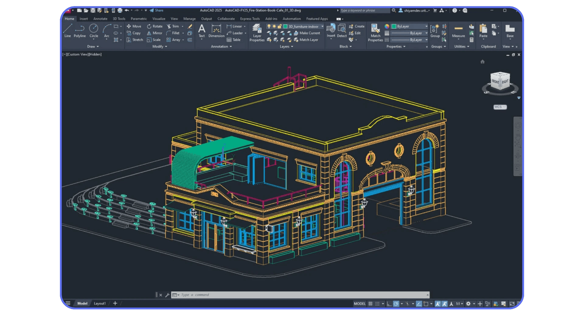 3D architectural model of a fire station building displayed in AutoCAD desktop interface with detailed wireframe layers and annotations.
