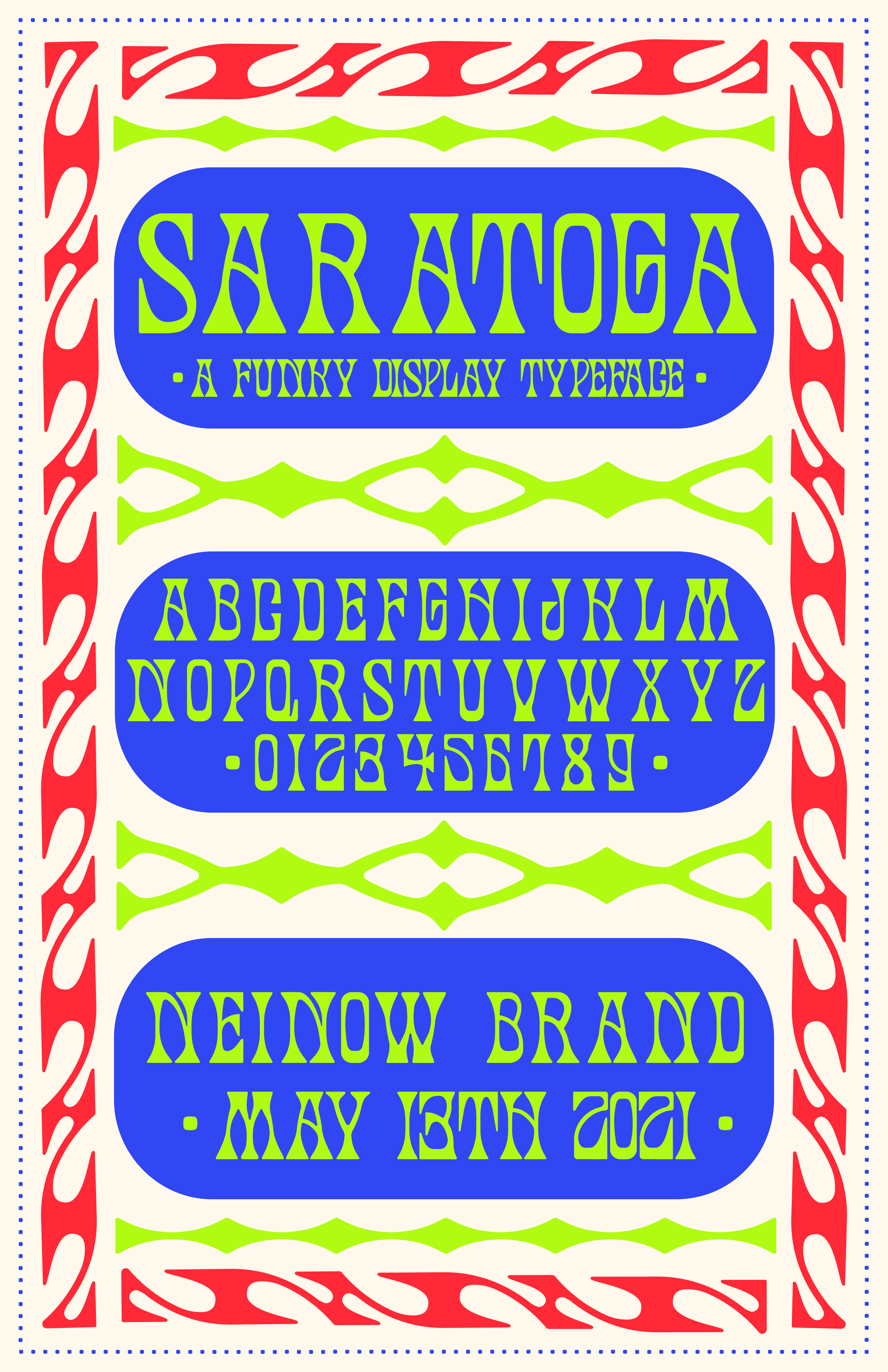 Poster for type face, Saratoga. Showing Alphabet and type designer. Colors: Red, blue and green