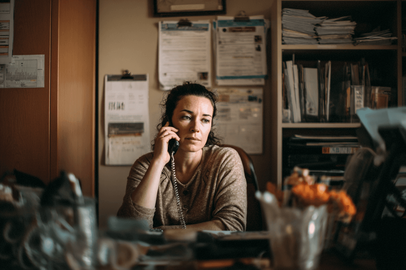 a woman in her 30s, sitting at a desk in a home care agency and on talking her cell phone.