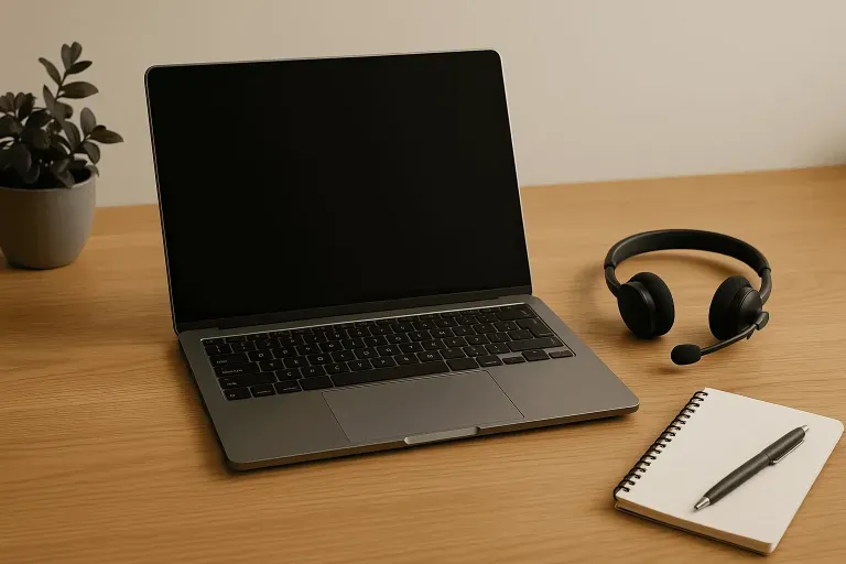 Aufgeklappter Laptop mit Kopfhörern auf einem Holzschreibtisch im Homeoffice