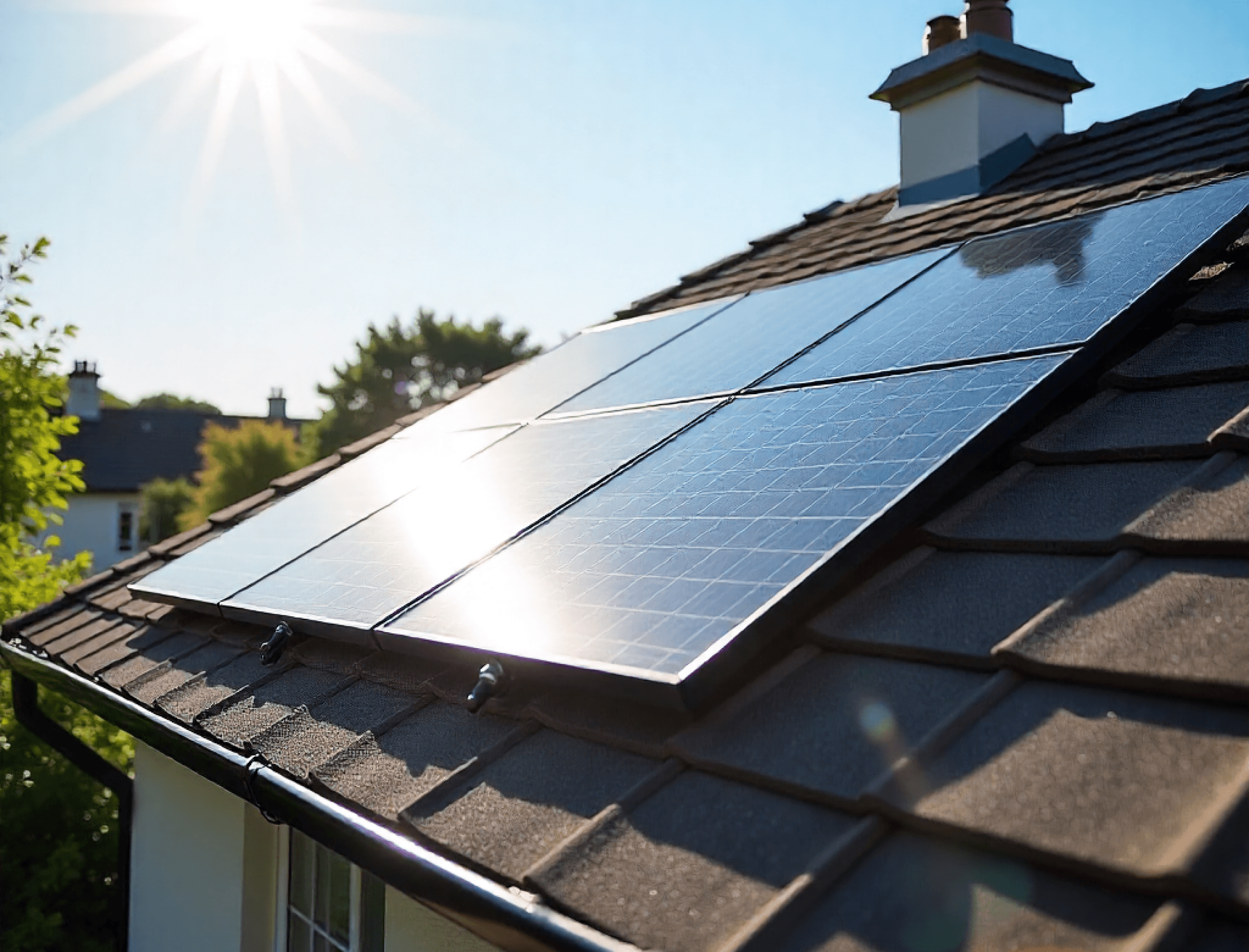 Solar panels installed on a modern house roof under sunlight