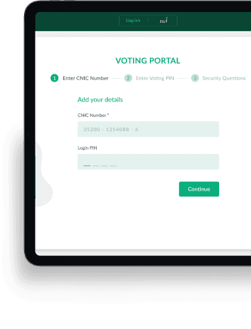 Mobile dashboard of iVoting illustrating voter registration steps including CNIC and security question inputs