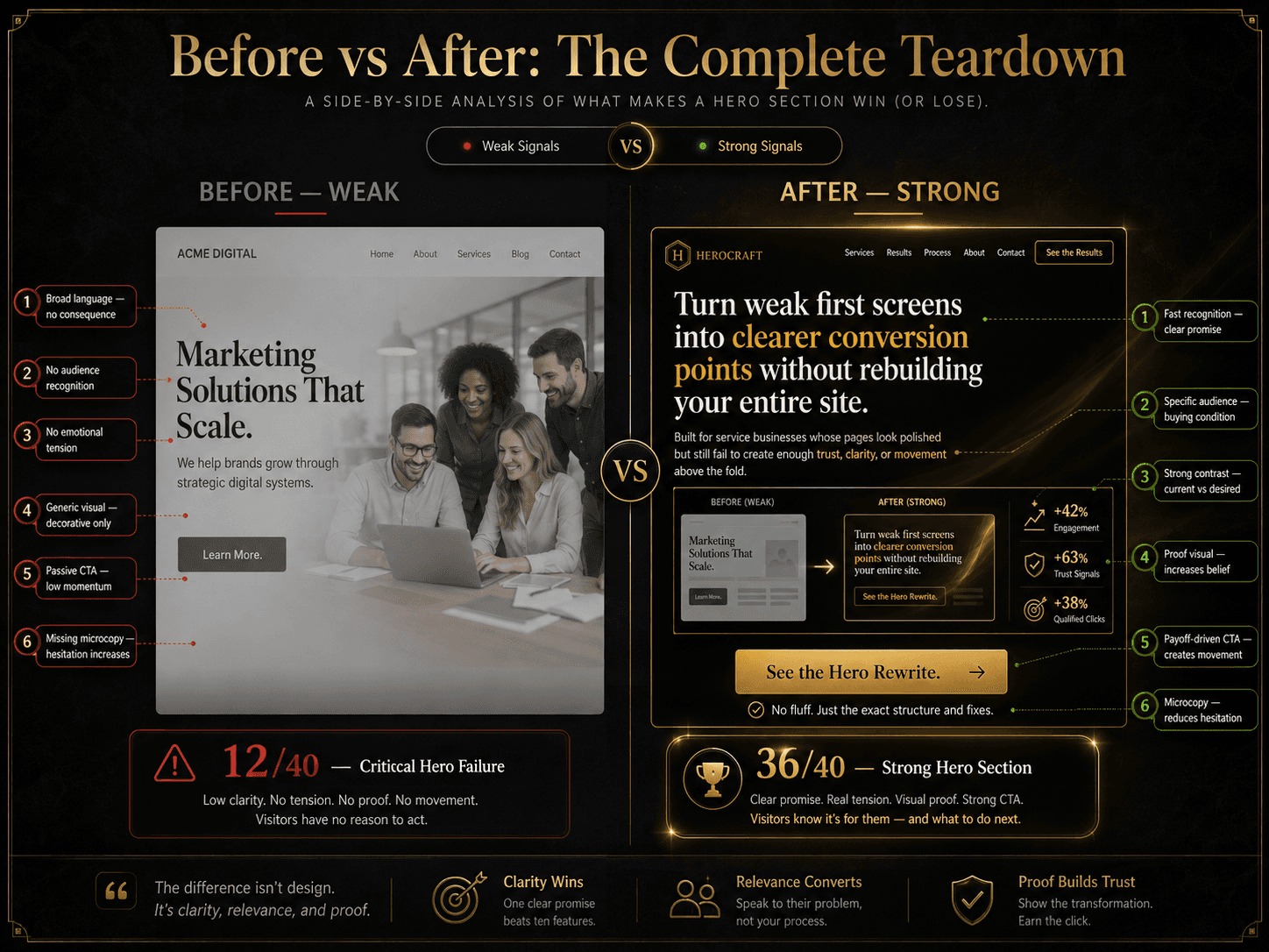 “Before vs After: The Complete Teardown” Concept: A detailed, split-screen case study showing a complete hero section transformation.  Left side (Before — Weak):  Headline: “Marketing Solutions That Scale.”  Subheadline: “We help brands grow through strategic digital systems.”  Visual: Generic office image (smiling team).  CTA: “Learn More.”  Microcopy: None.  Diagnostic markers (red):  “Broad language — no consequence”  “No audience recognition”  “No emotional tension”  “Generic visual — decorative only”  “Passive CTA — low momentum”  “Missing microcopy — hesitation increases”  Score: 12/40 — “Critical Hero Failure”  Right side (After — Strong):  Headline: “Turn weak first screens into clearer conversion points without rebuilding your entire site.”  Subheadline: “Built for service businesses whose pages look polished but still fail to create enough trust, clarity, or movement above the fold.”  Visual: Before/after hero comparison with proof metrics.  CTA: “See the Hero Rewrite.”  Microcopy: “No fluff. Just the exact structure and fixes.”  Diagnostic markers (green):  “Fast recognition — clear promise”  “Specific audience — buying condition”  “Strong contrast — current vs desired”  “Proof visual — increases belief”  “Payoff-driven CTA — creates movement”  “Microcopy — reduces hesitation”  Score: 36/40 — “Strong Hero Section”  Style: Clean, editorial. Dark background. Left side: desaturated grey, weak, faded. Right side: warm gold/amber, sharp, glowing. The contrast is stark.  Interaction: Hovering any diagnostic marker on the left reveals why it fails and how to fix it. Hovering any marker on the right reveals the psychological principle behind why it works. A toggle switches between “Weak Signals” and “Strong Signals” overlay.