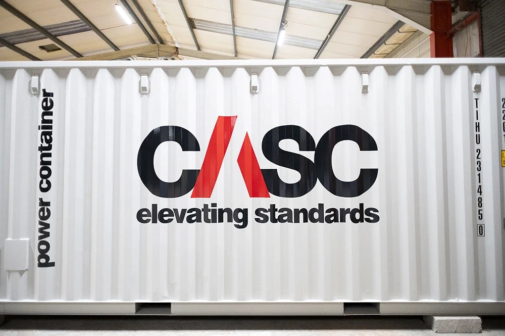 Compact power container branded with CASC logo, designed for temporary electrical supply.