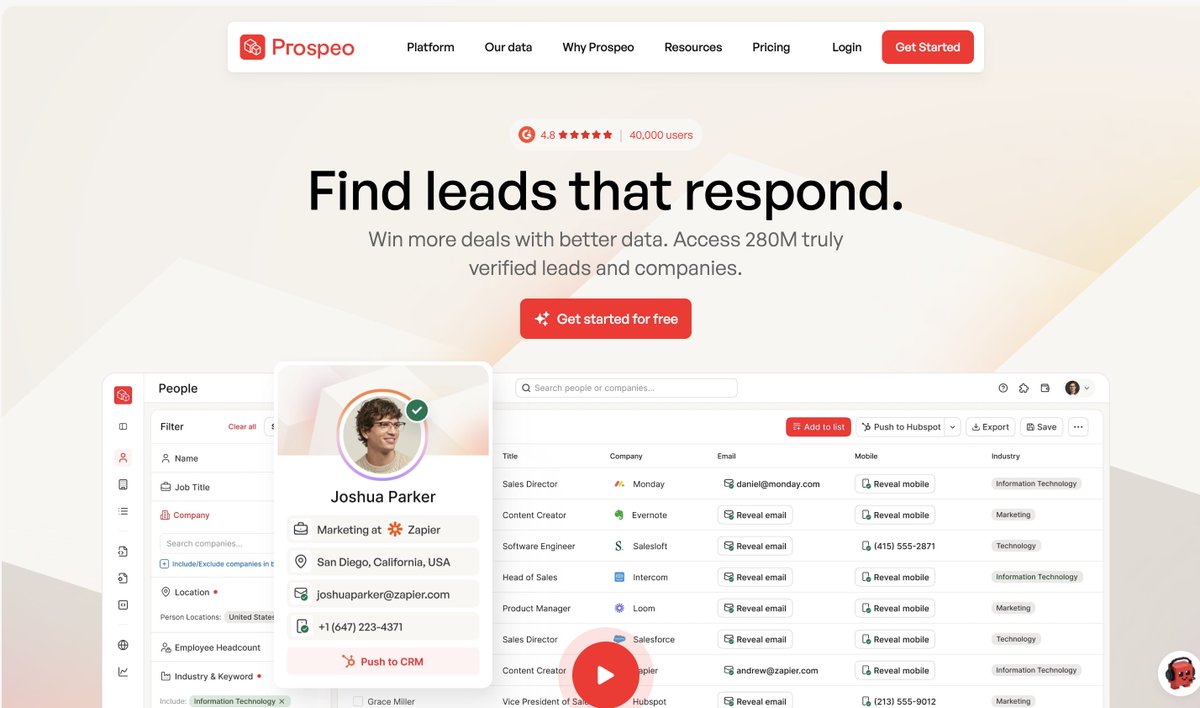 Prospeo lead search interface with contact filters and prospect records