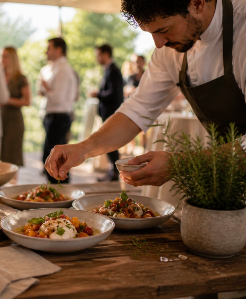 Chef bereidt Italiaanse gerechten op locatie tijdens catering met persoonlijke aandacht