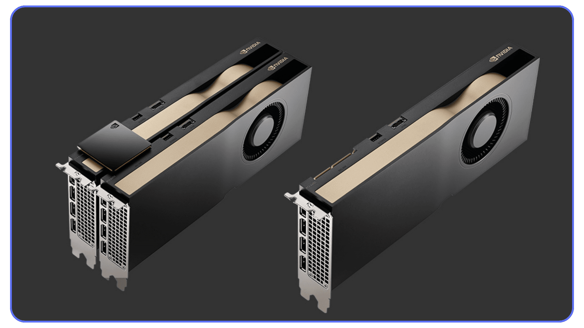 Two NVIDIA workstation GPUs with gold accents side by side, featuring multiple display outputs and cooling vents.