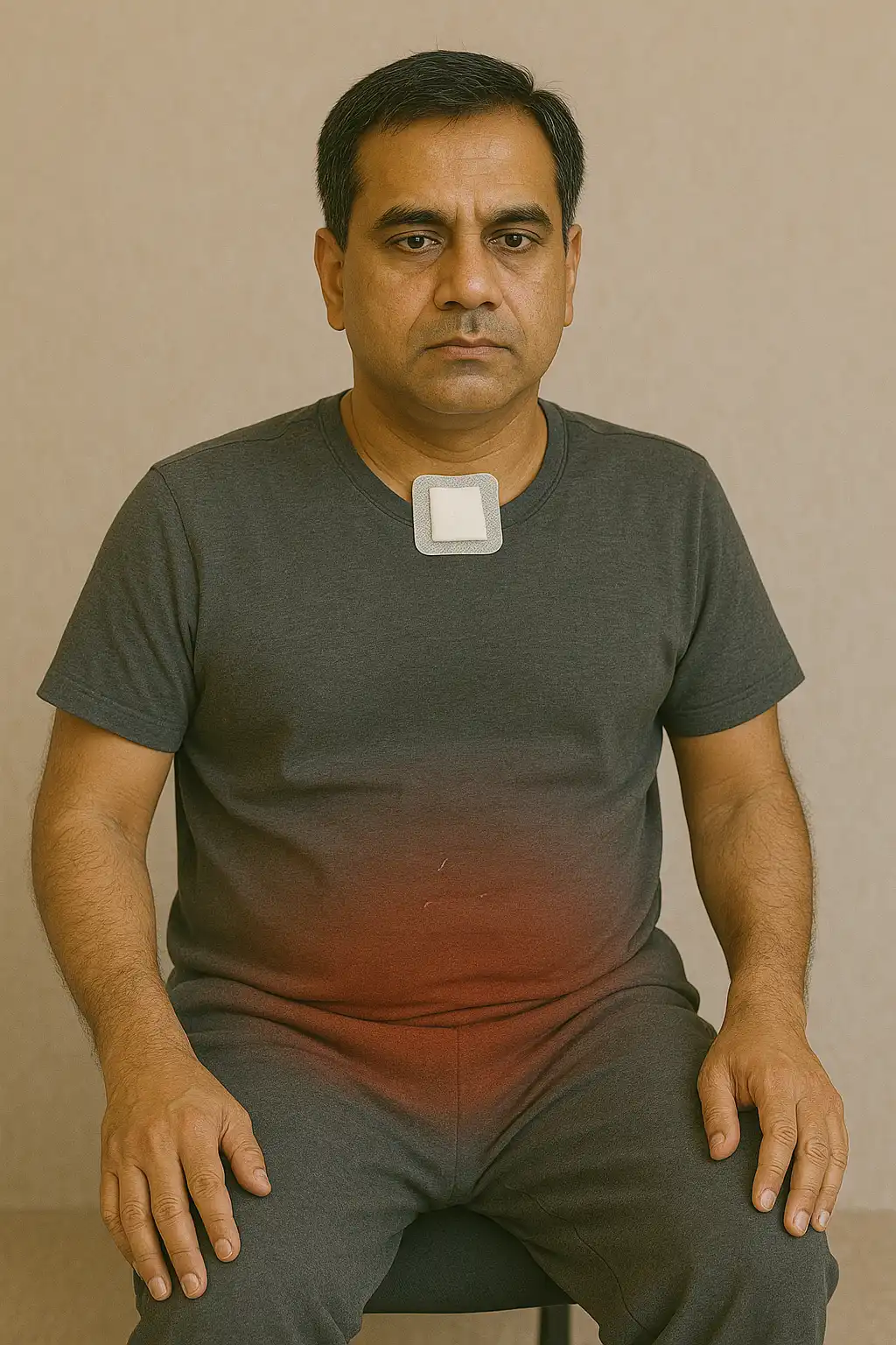 A man sitting upright wearing a dark T-shirt with a medical bandage on his upper chest, with a red highlighted area on his lower abdomen indicating pain or discomfort.