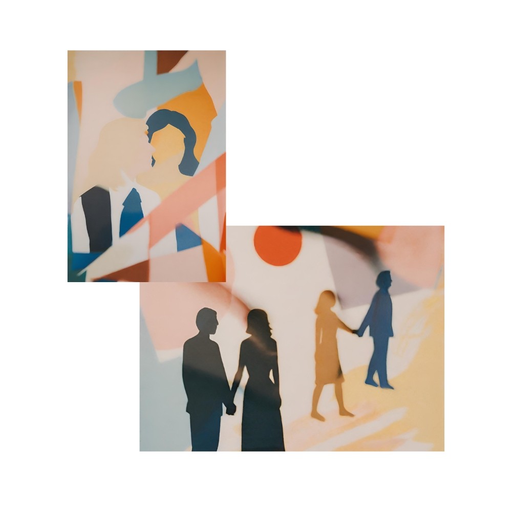 Zwei Bilder im abstrakten Stil in warmen Farben. Menschen die Händchen halten.