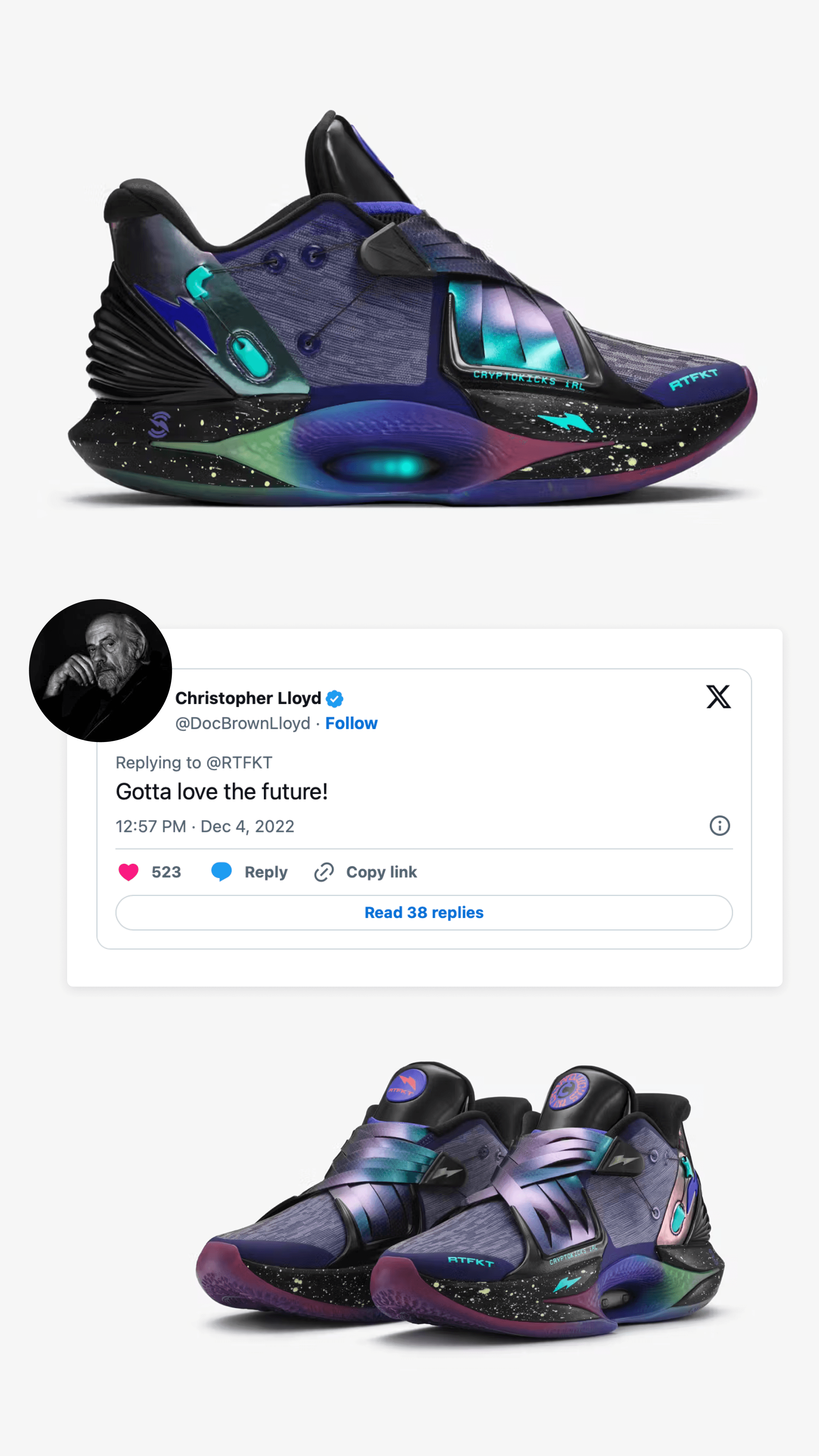 Hero image of “Space Dust” shoe color way with a social post from Back to the Future II character, Doc Brown, “Gotta love the future"