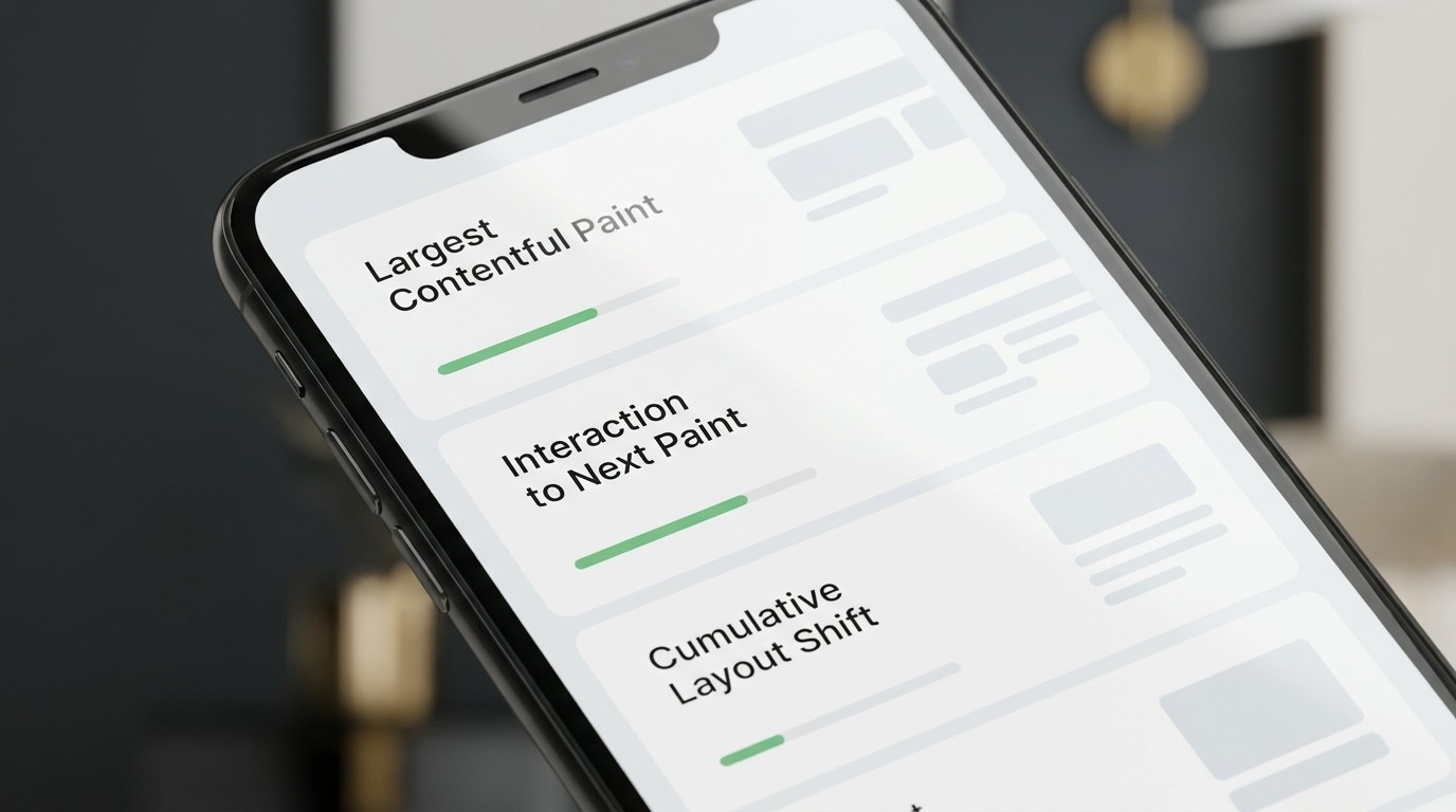 Smartphone Display zeigt ein kompaktes Performance Dashboard mit drei Kacheln für Largest Contentful Paint, Interaction to Next Paint und Cumulative Layout Shift