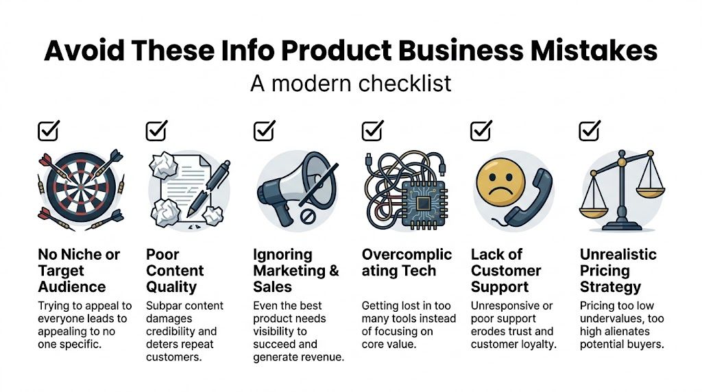 A checklist infographic illustrating six common mistakes to avoid when building an info product business.