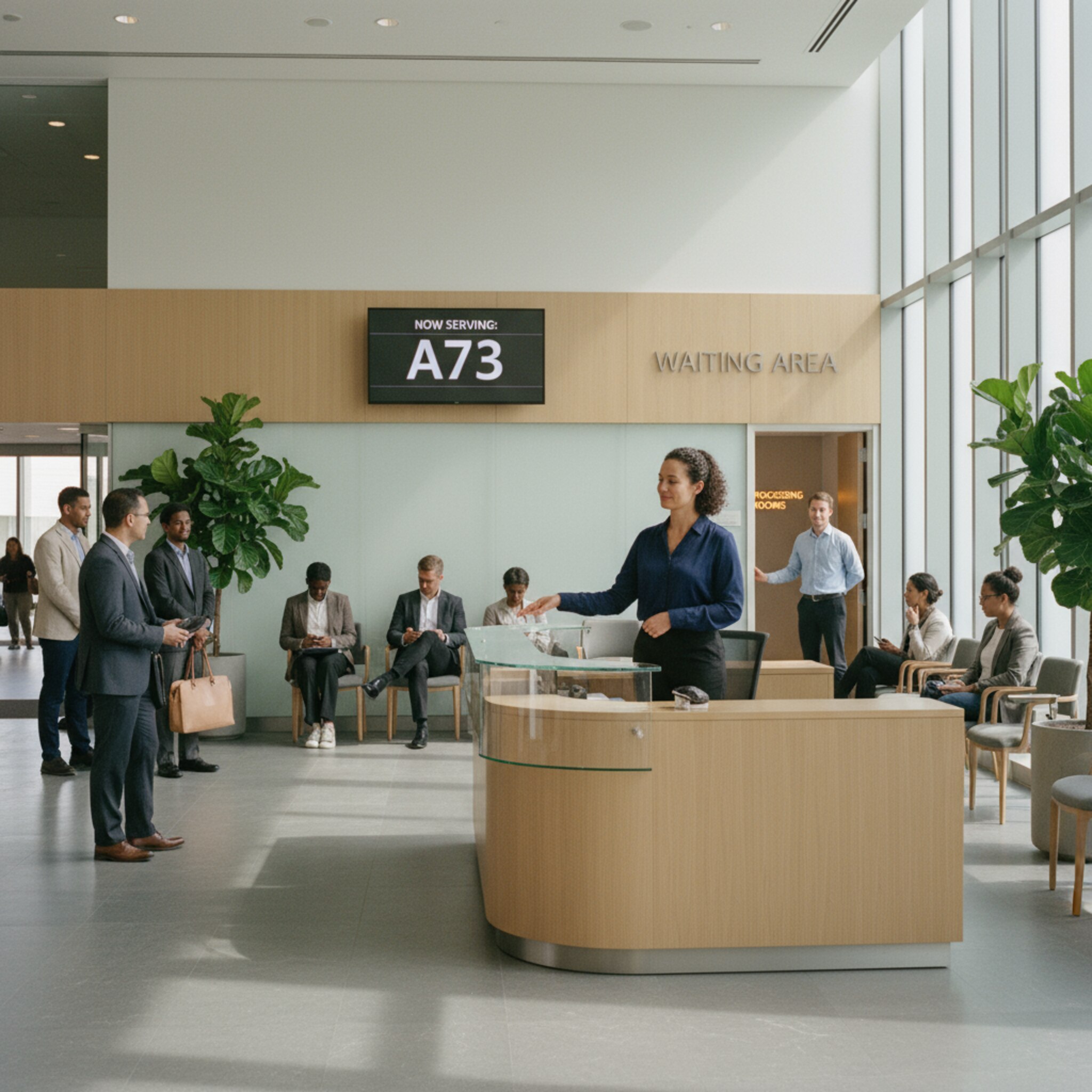 Am Empfang begrüßt eine Mitarbeiterin nacheinander eintreffende Personen und weist ihnen ruhig den Weg. Menschen stehen in kleinen Gruppen, sprechen leise und setzen sich geordnet. Der Ablauf wirkt eingespielt, mit klaren Übergängen zwischen Ankunft, Warten und Aufruf. Nichts lenkt ab, alles bleibt übersichtlich.