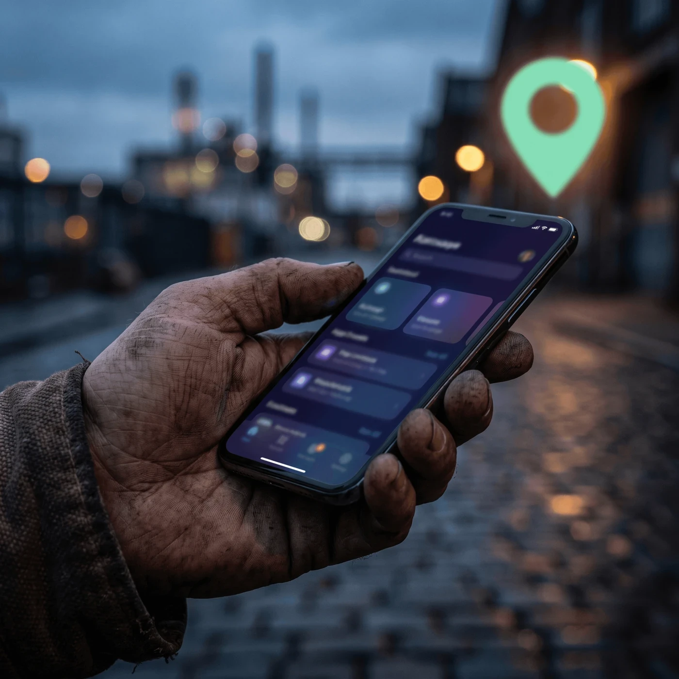 Smartphone in Handwerkerhand mit dunkler Kartenansicht und mintfarbenem Ortspunkt