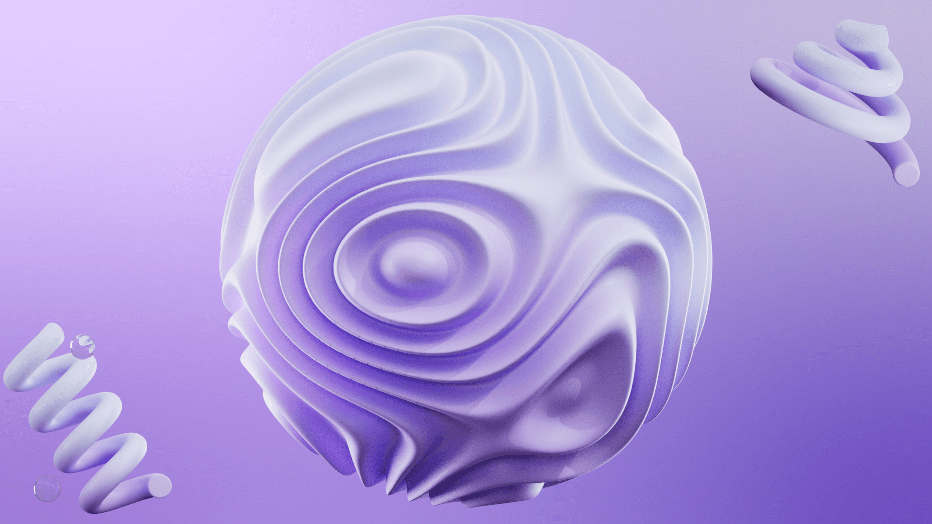 Purple gradient header with 3D designs