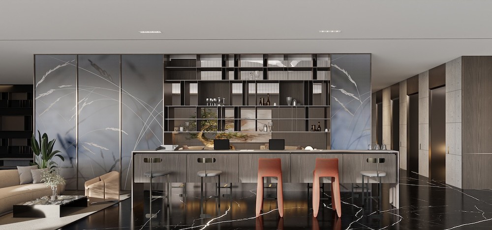  A sleek bar area in a contemporary home, featuring modern design elements, located in Il Vento Tower.