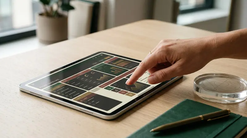 Mano interactuando con una tablet que muestra una interfaz de usuario limpia y estructurada en un entorno minimalista.