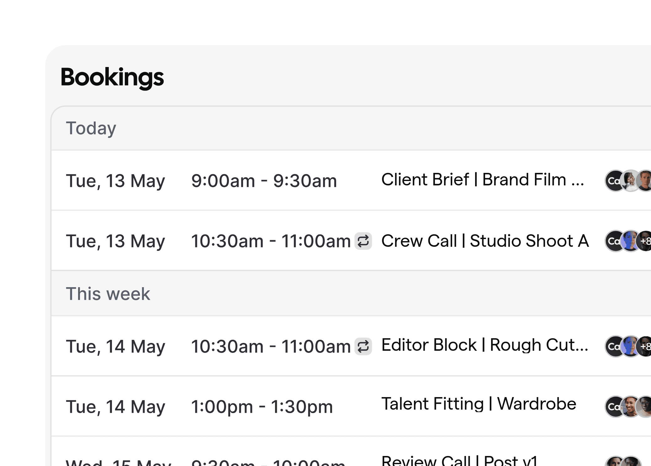Image of a bookings dashboard listing video brief calls, crew calls, and edit sessions organized under Today and Tomorrow for a production team.
