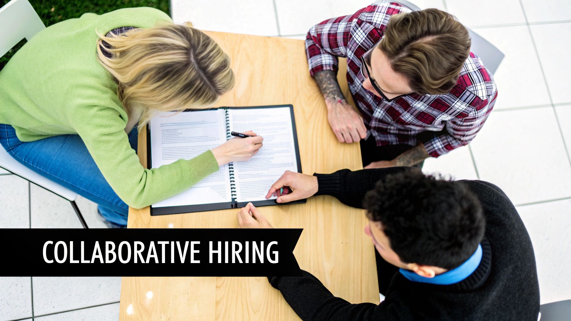 Overhead view of three professionals collaboratively reviewing documents at a wooden table, illustrating collaborative hiring.