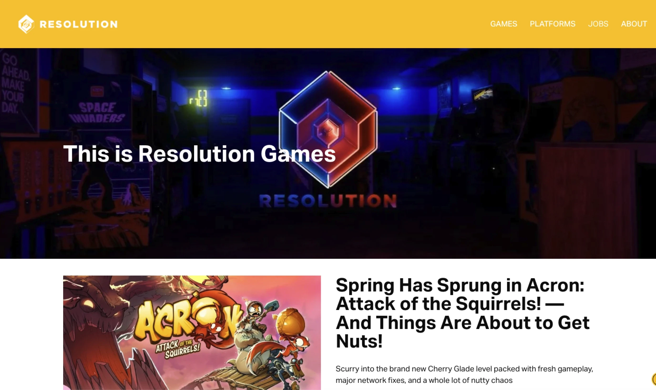 Resolution Games homepage with its studio introduction and colorful game artwork.