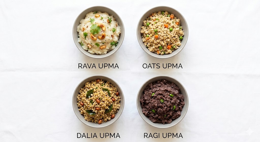 A top-down view of four small bowls on a white cloth, each containing a different type of Indian Upma: creamy Rava Upma with cashews and cilantro; chunky Oats Upma with mixed vegetables; light-colored Dalia Upma with curry leaves and peanuts; and dark purple Ragi Upma with green chilies. The bowls are arranged in a grid with neat black labels below each.
