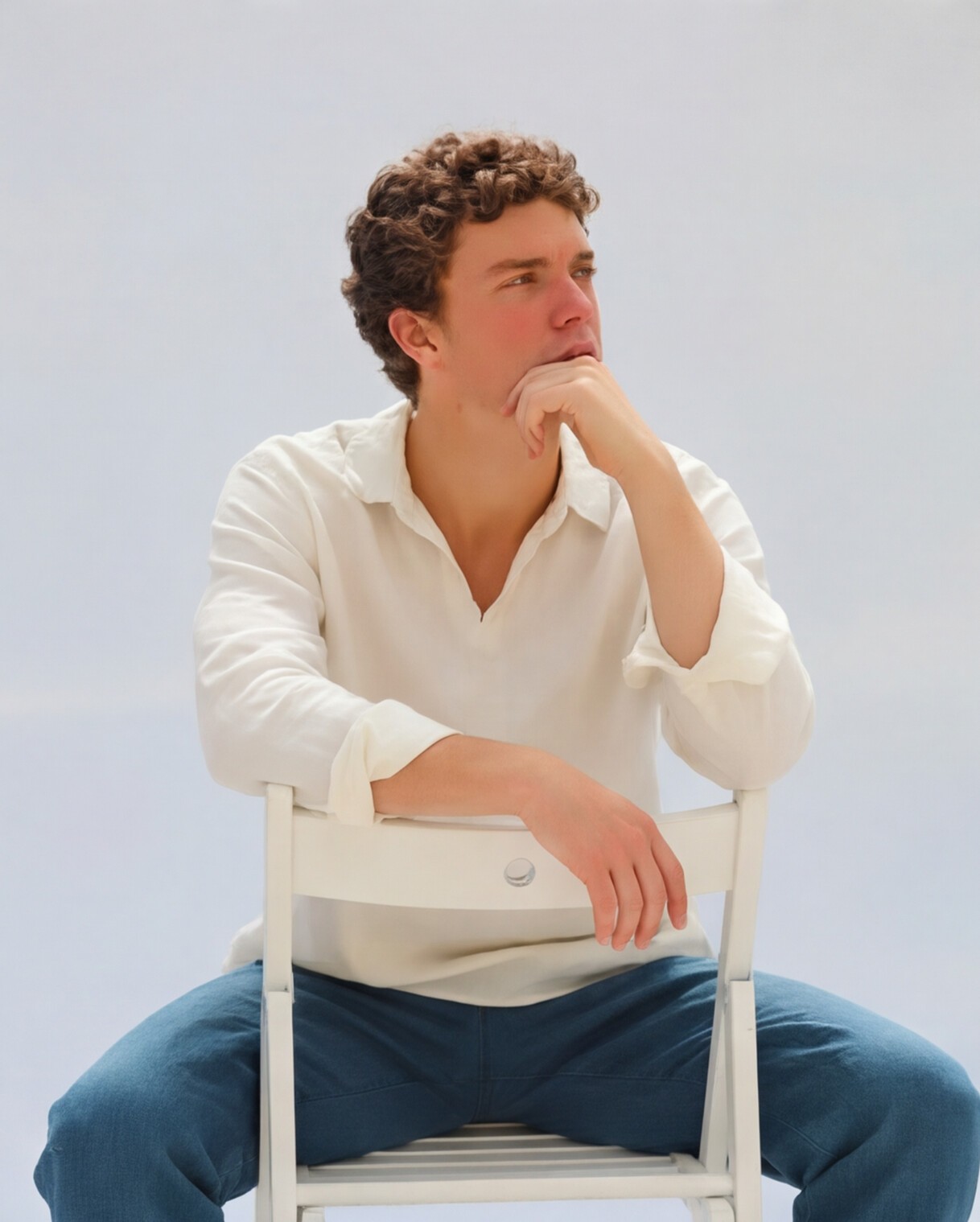 Ivory Linen Shirt with Teal Trousers