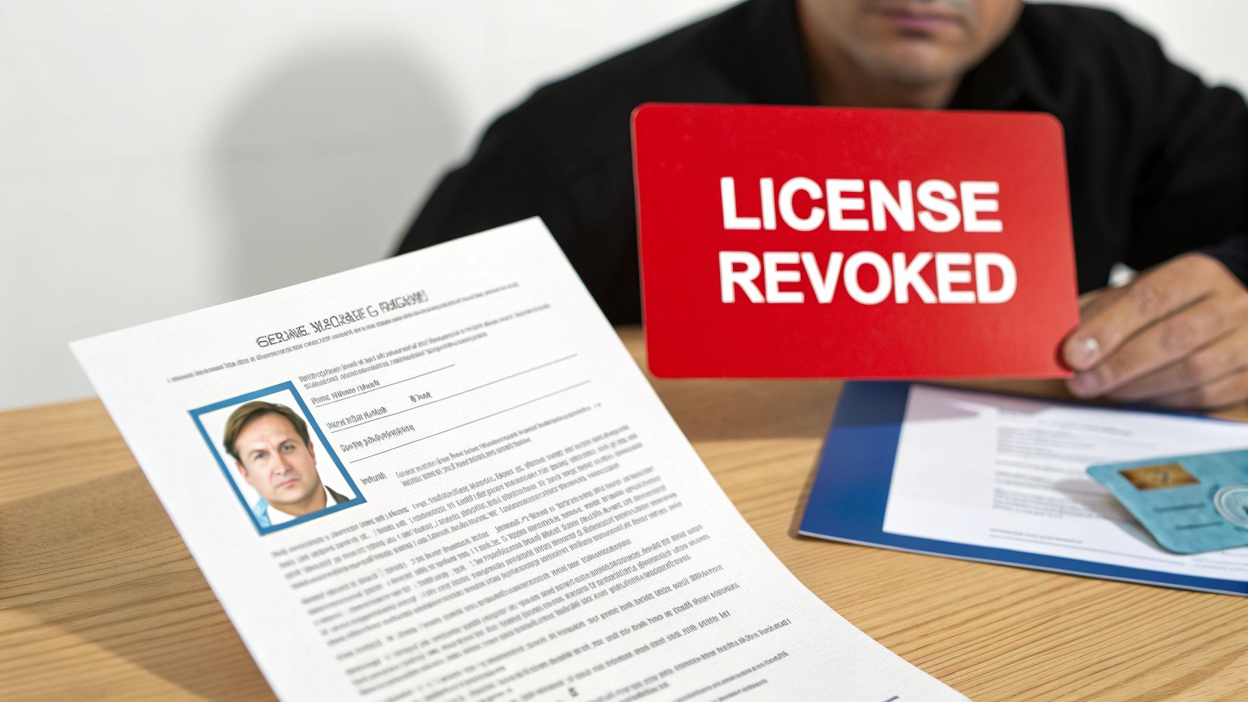 A person holds a red sign stating 'LICENSE REVOKED' over documents and a blue card on a wooden desk.