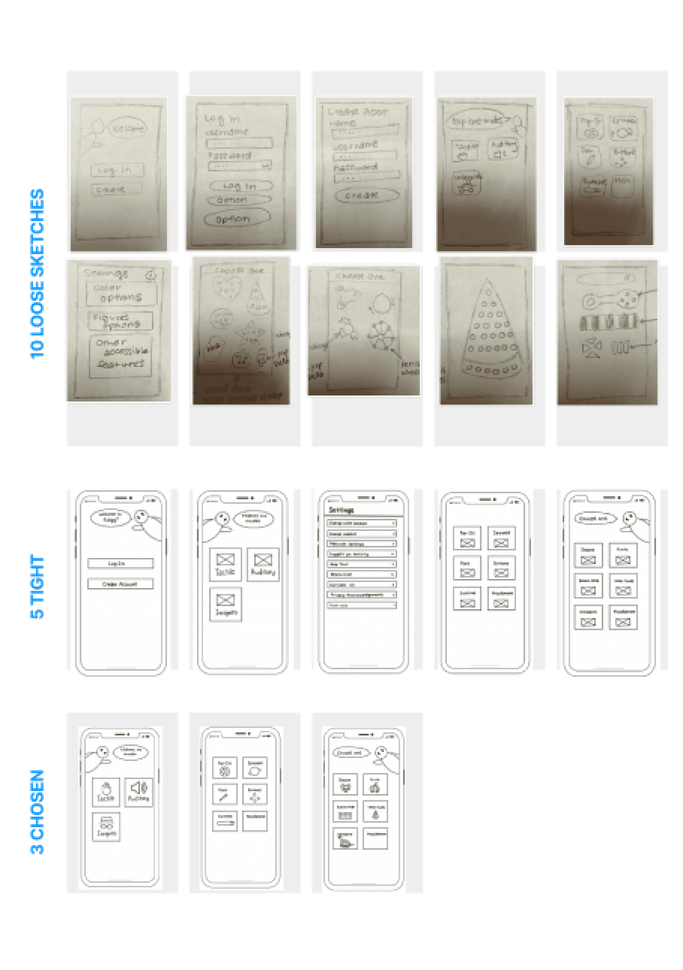 10 loose sketches on paper, 5 tight sketches of Fidgy done digitally, and 3 chosen sketches for demonstration