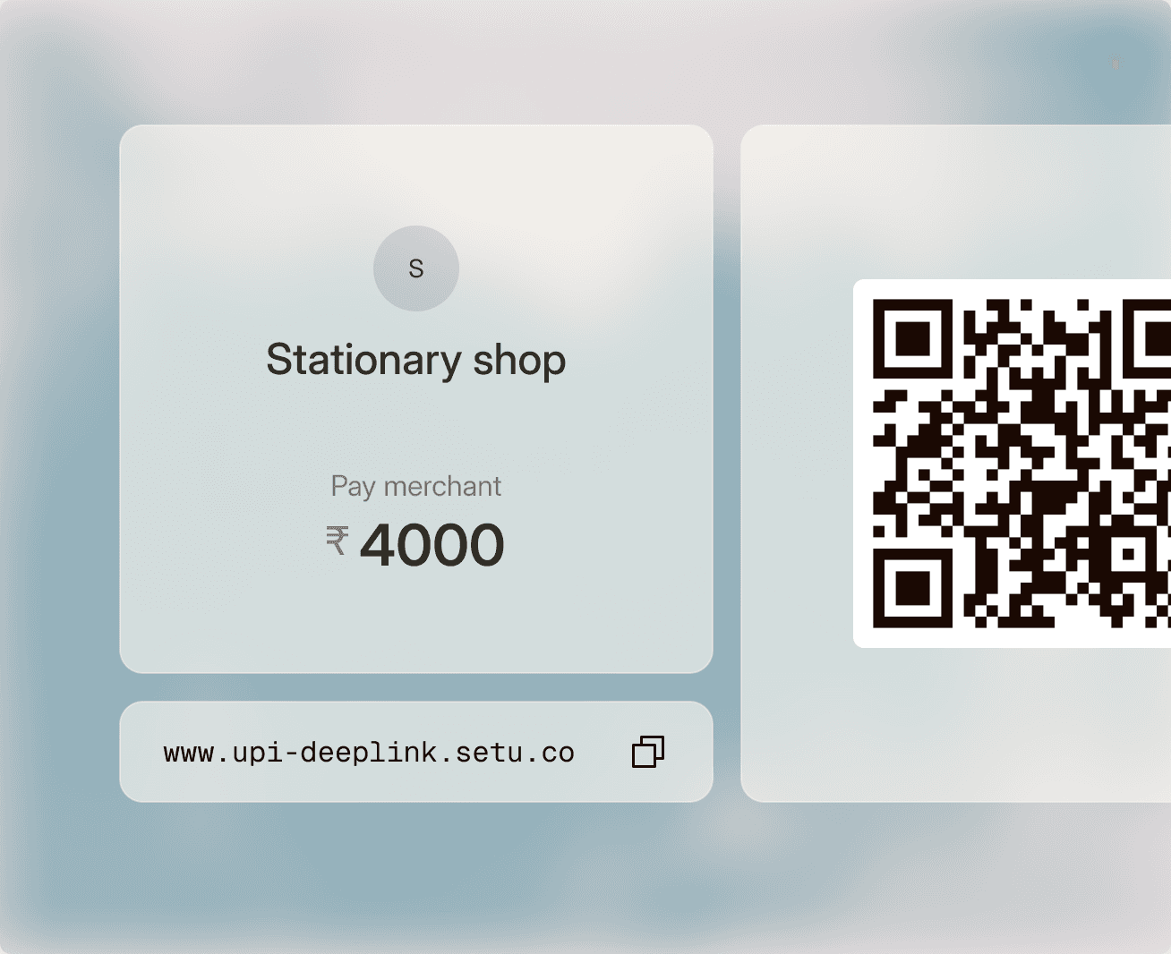 Merchant payment page for a stationery shop with a Rs 4,000 amount, UPI deeplink and QR code