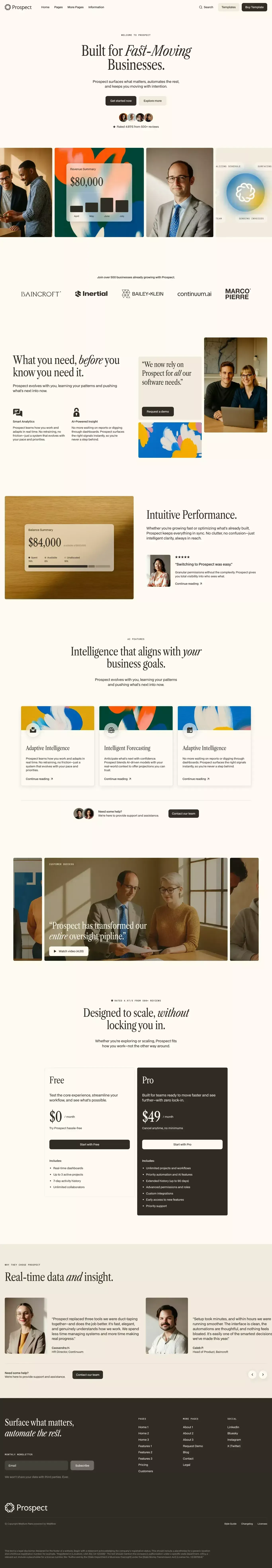 Prospect - Webflow HTML Website Template landing page screenshot showcasing Finance and Marketing design