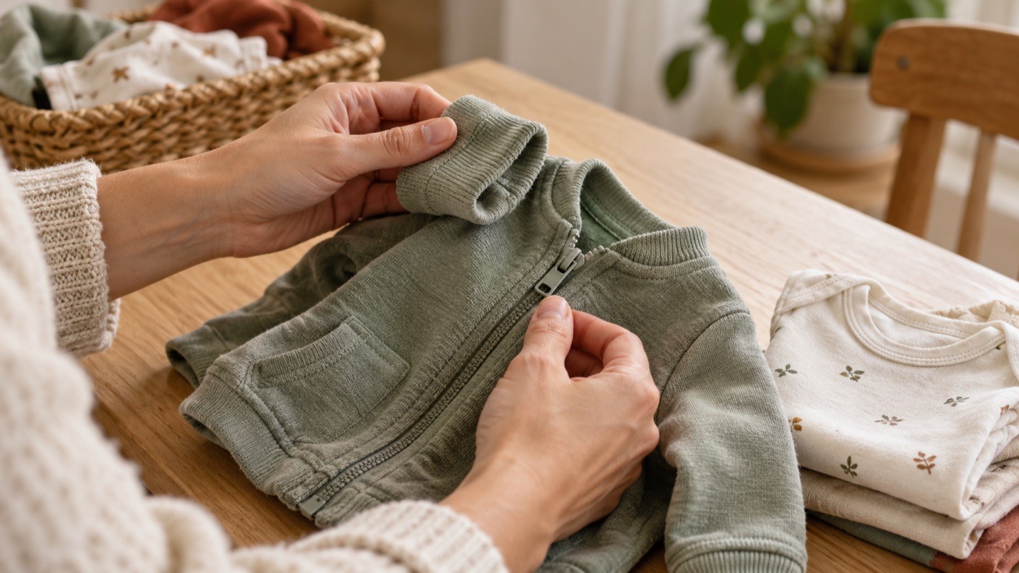 Des mains examinent la fermeture et la manche d’un gilet de bébé vert sauge.