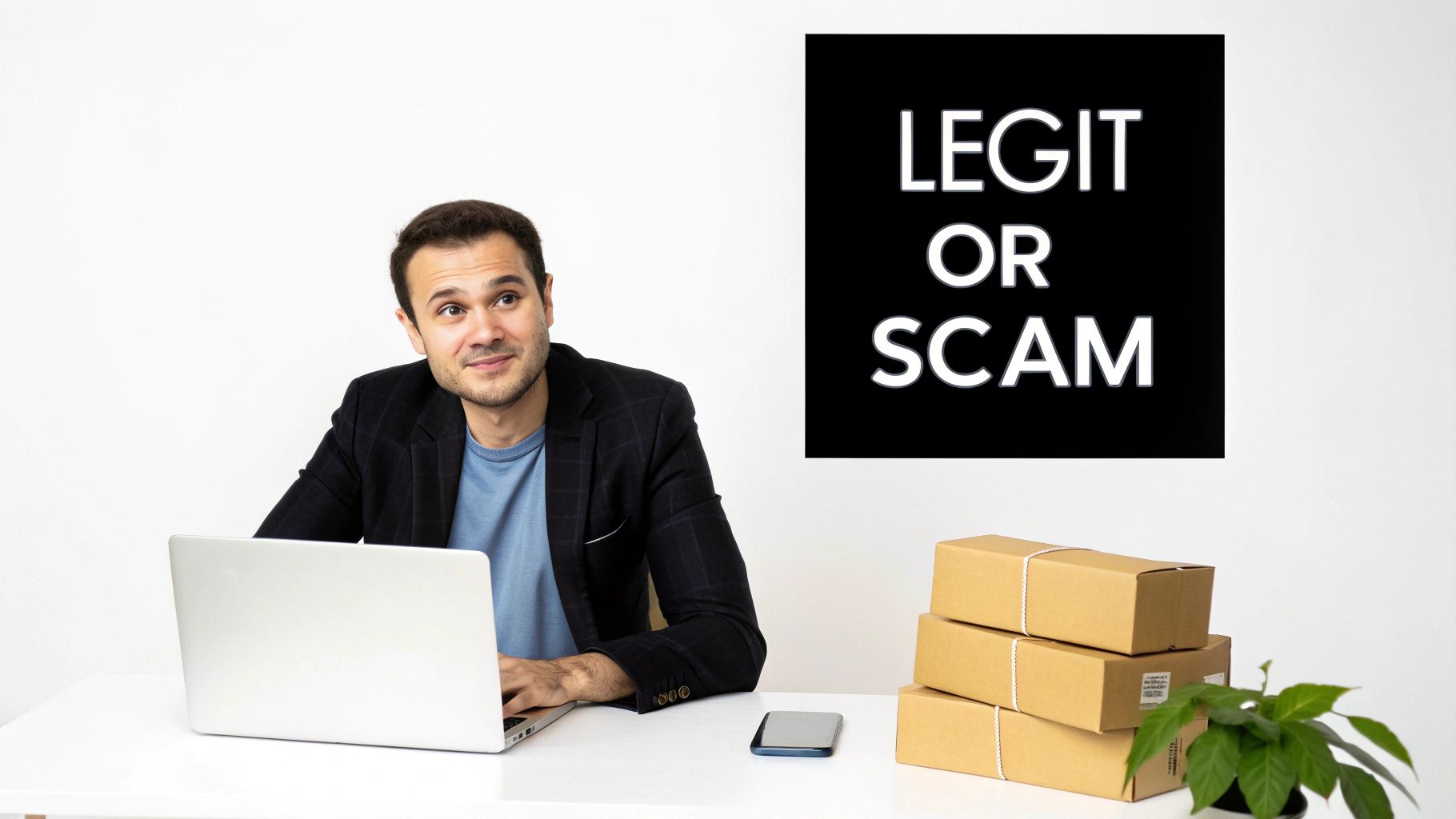 A person working on a laptop with shipping boxes and a globe in the background, representing the dropshipping business model.