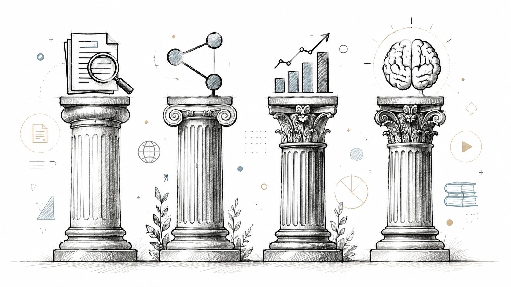 A hand-drawn sketch featuring four classical pillars, each topped with icons representing research, networking, growth, and intelligence.