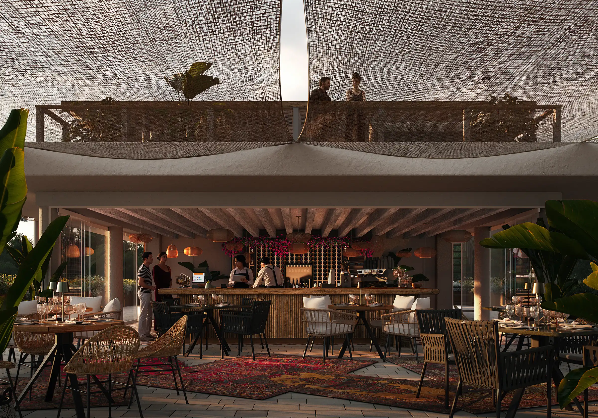 Open-air restaurant and bar with large overhead net canopy, wooden counter, and woven furniture. Warm evening atmosphere for upscale outdoor dining.