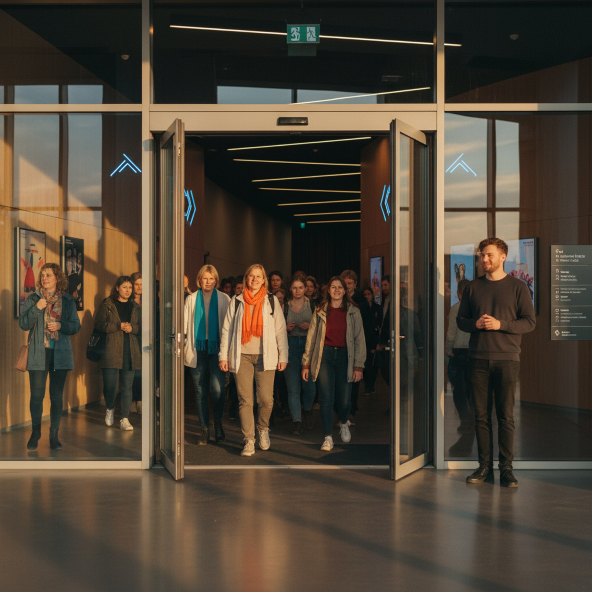 Am Halleneingang öffnet sich eine Glastür, die Abendsonne fällt ins Foyer. Besucher rücken zügig vor, ein Teammitglied begrüßt mit einem kurzen Nicken. Neonpfeile führen den Weg Richtung Bühne. Die Atmosphäre ist geordnet, erwartungsvoll und voller Vorfreude.