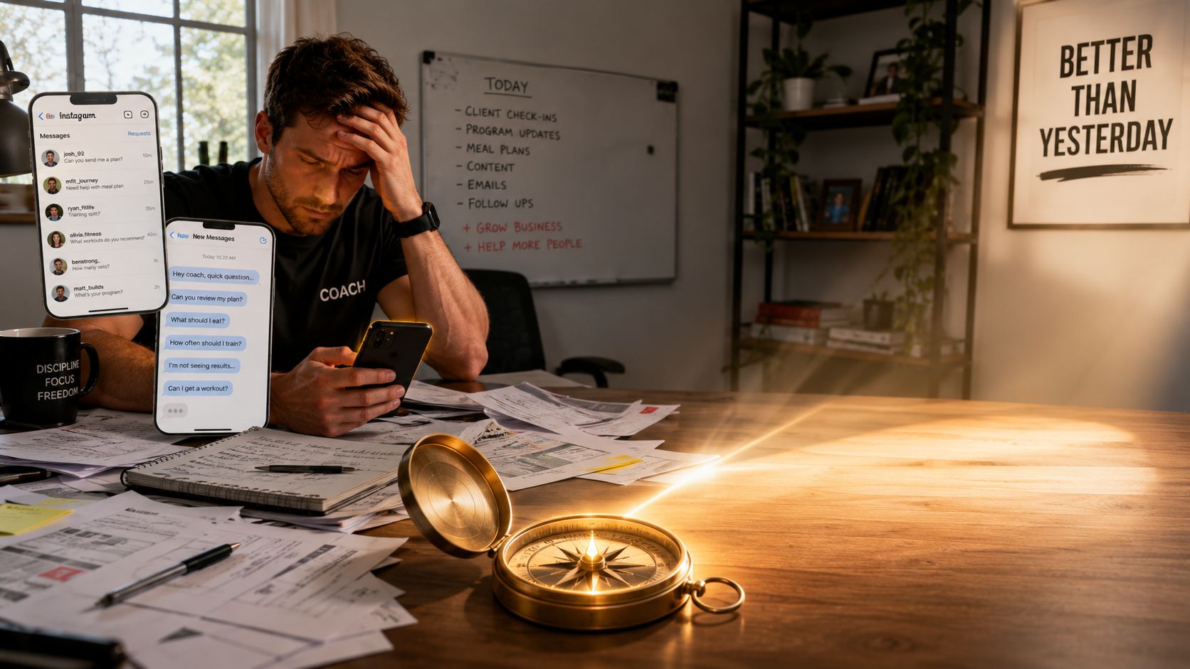 A stressed fitness coach working at his desk surrounded by phones, paperwork, and a glowing compass.
