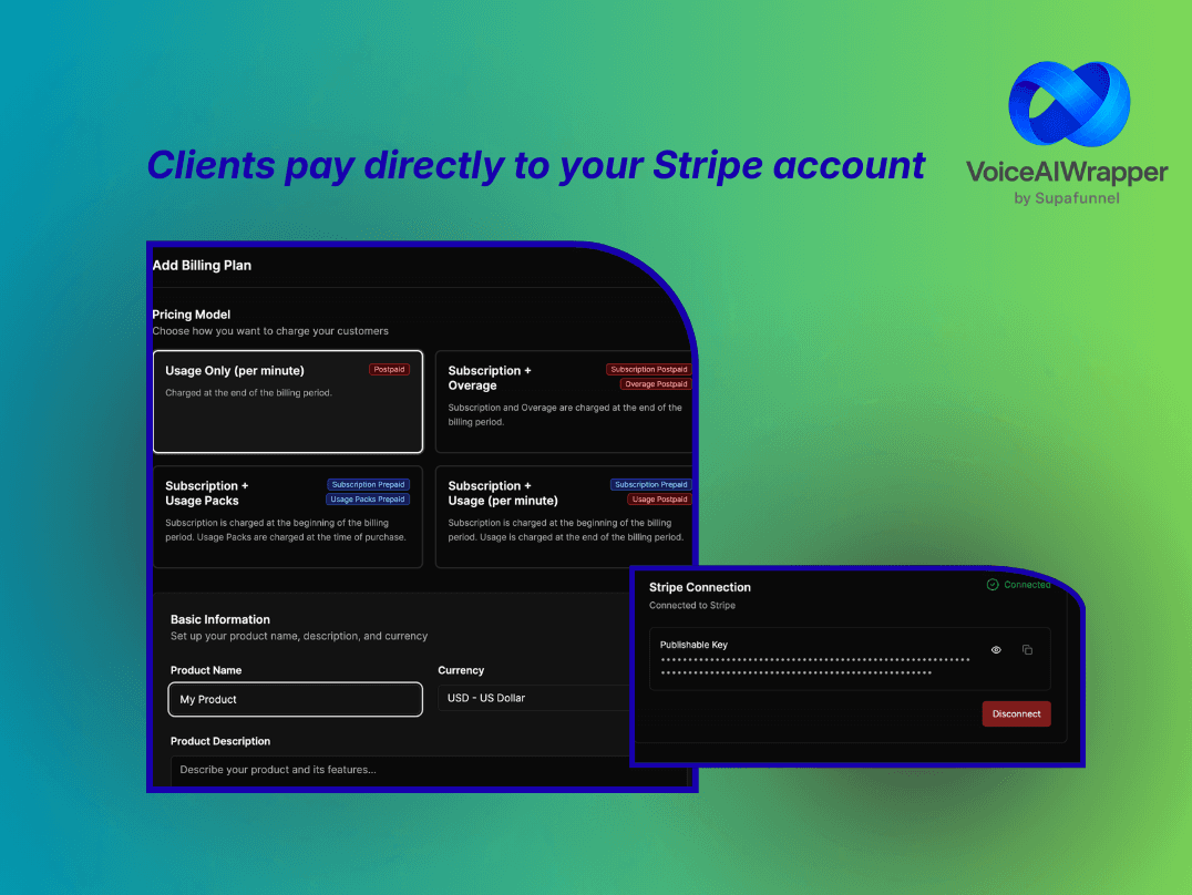 Voice AI agency white-label Stripe connection screenshot showing subscription, usage pack, and auto-top-up billing models with custom profit margins | VoiceAIWrapper.