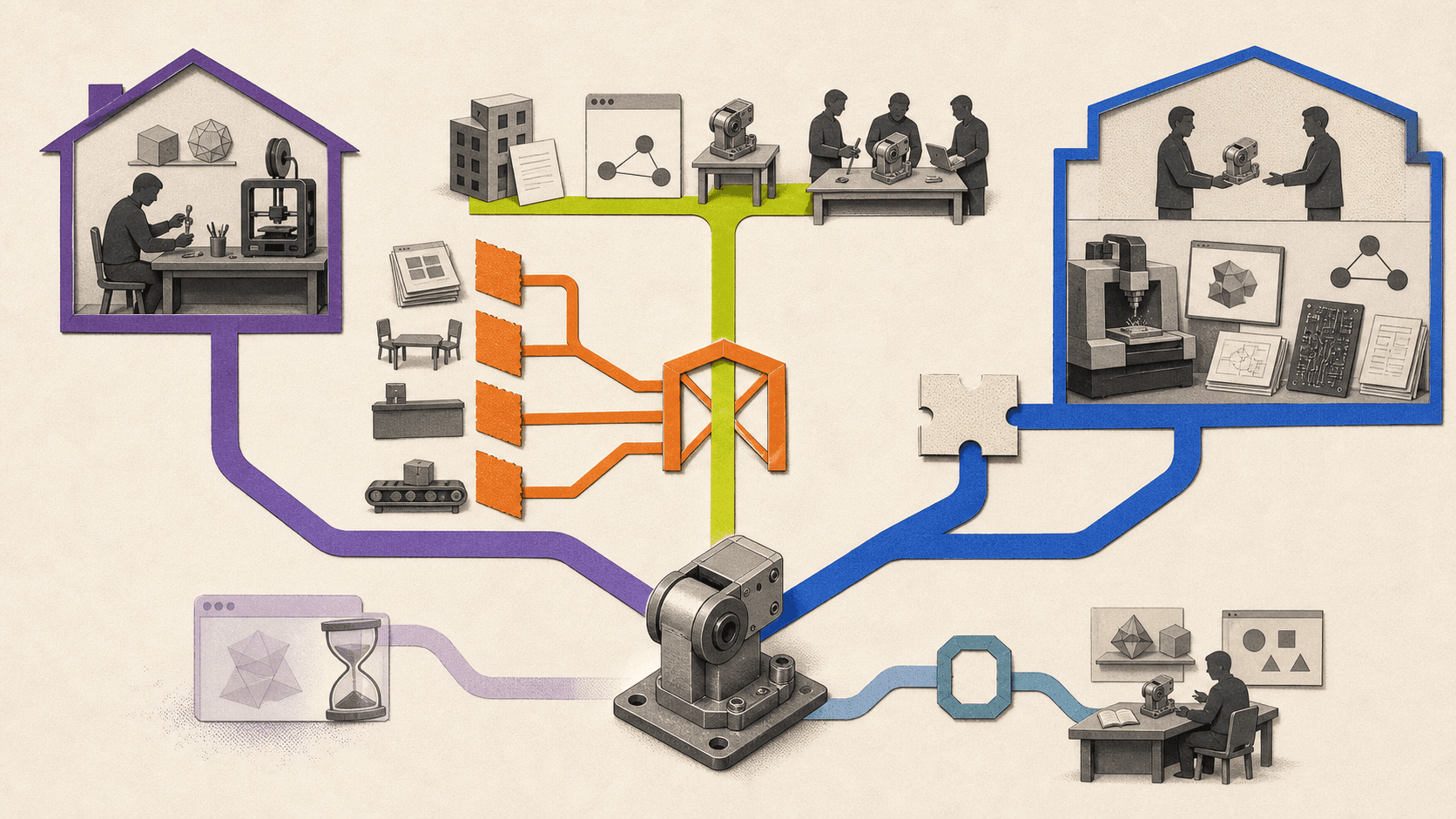 Robotic joint licensing decision map connecting personal, startup, commercial, trial, and education access paths.