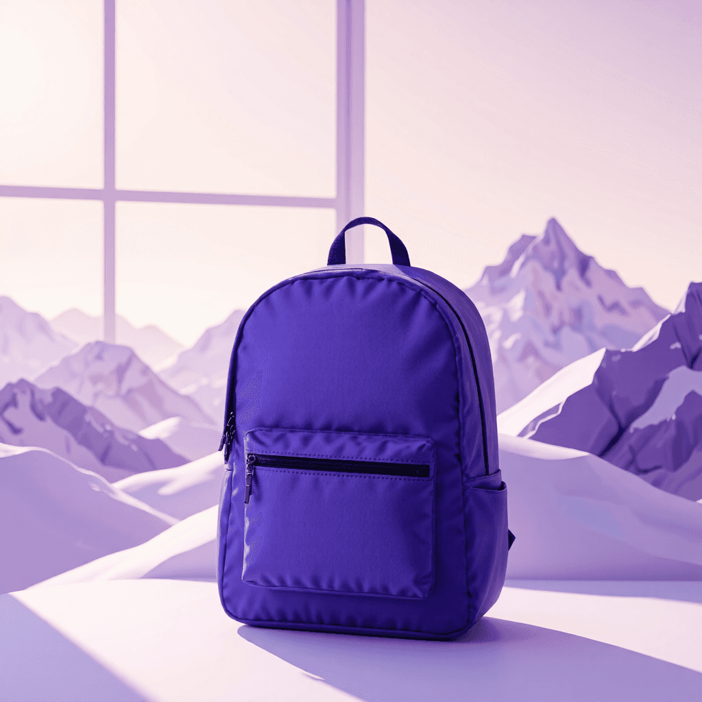 product photography of a backpack with a mountain landscape design