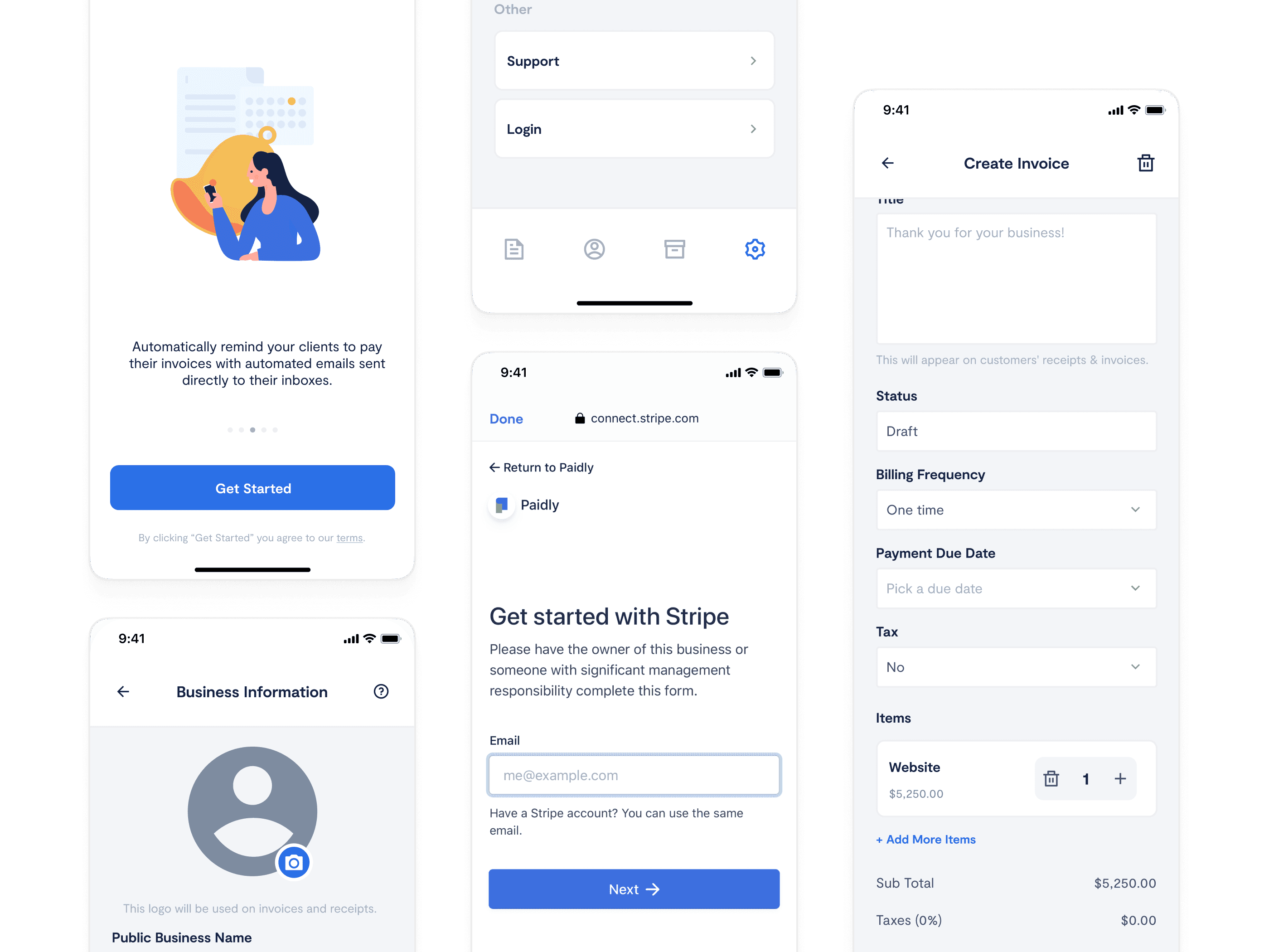 Mobile screens showing reminders, support, login, business info, Stripe setup, and invoice creation.