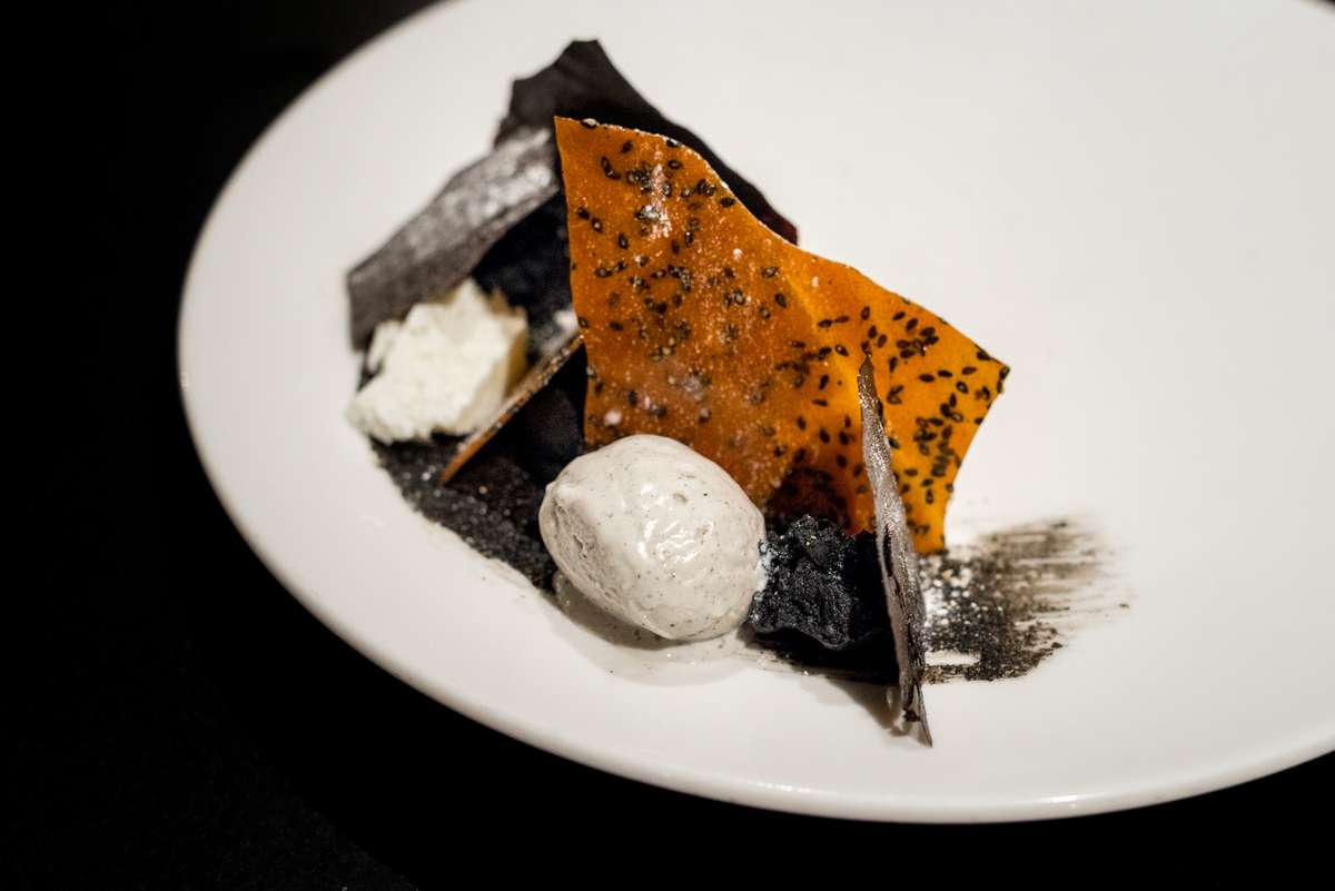A gourmet dessert featuring a white sphere and dollop on a plate with dark chocolate shards and an orange tuile.