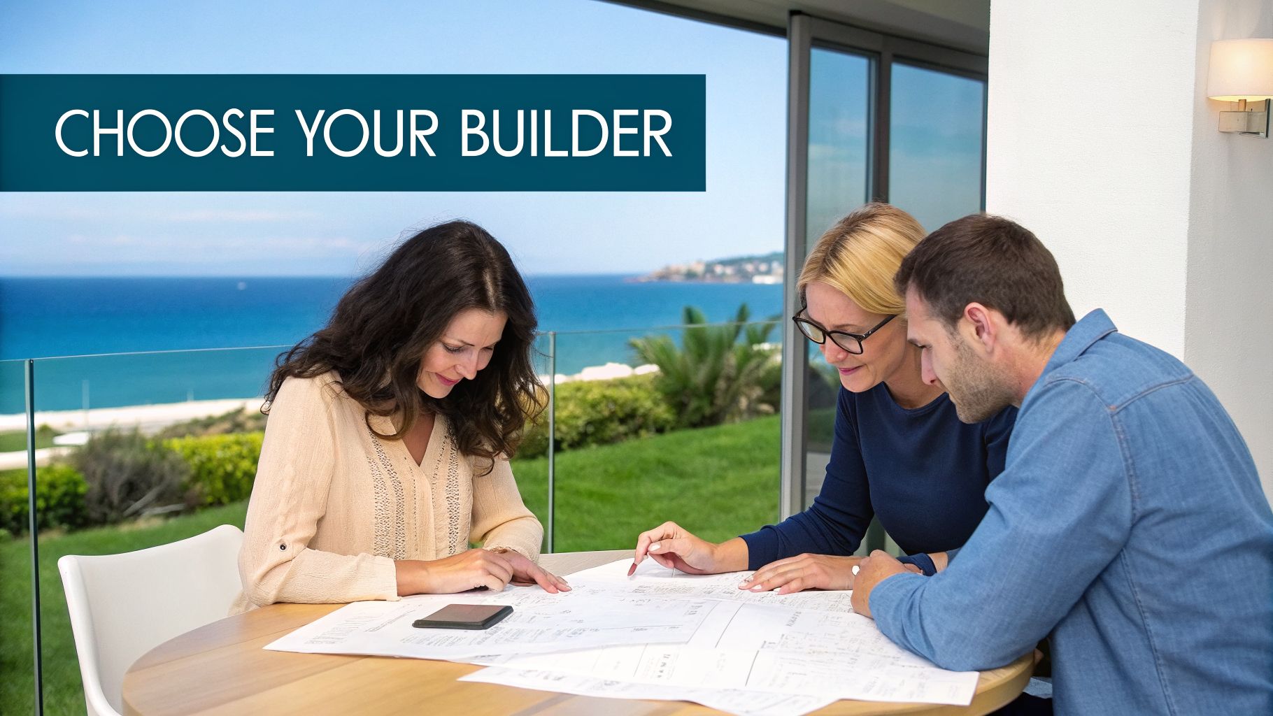 Three people, two women and a man, reviewing construction blueprints at a table with an ocean view.