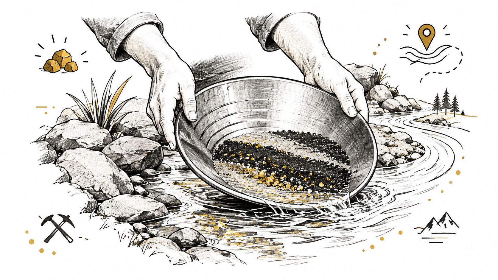 A detailed illustration of a person panning for gold in a river with surrounding mining tools.