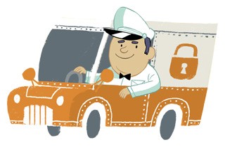 Illustration with OpenSRS service man in a delivery truck with a lock representing security 