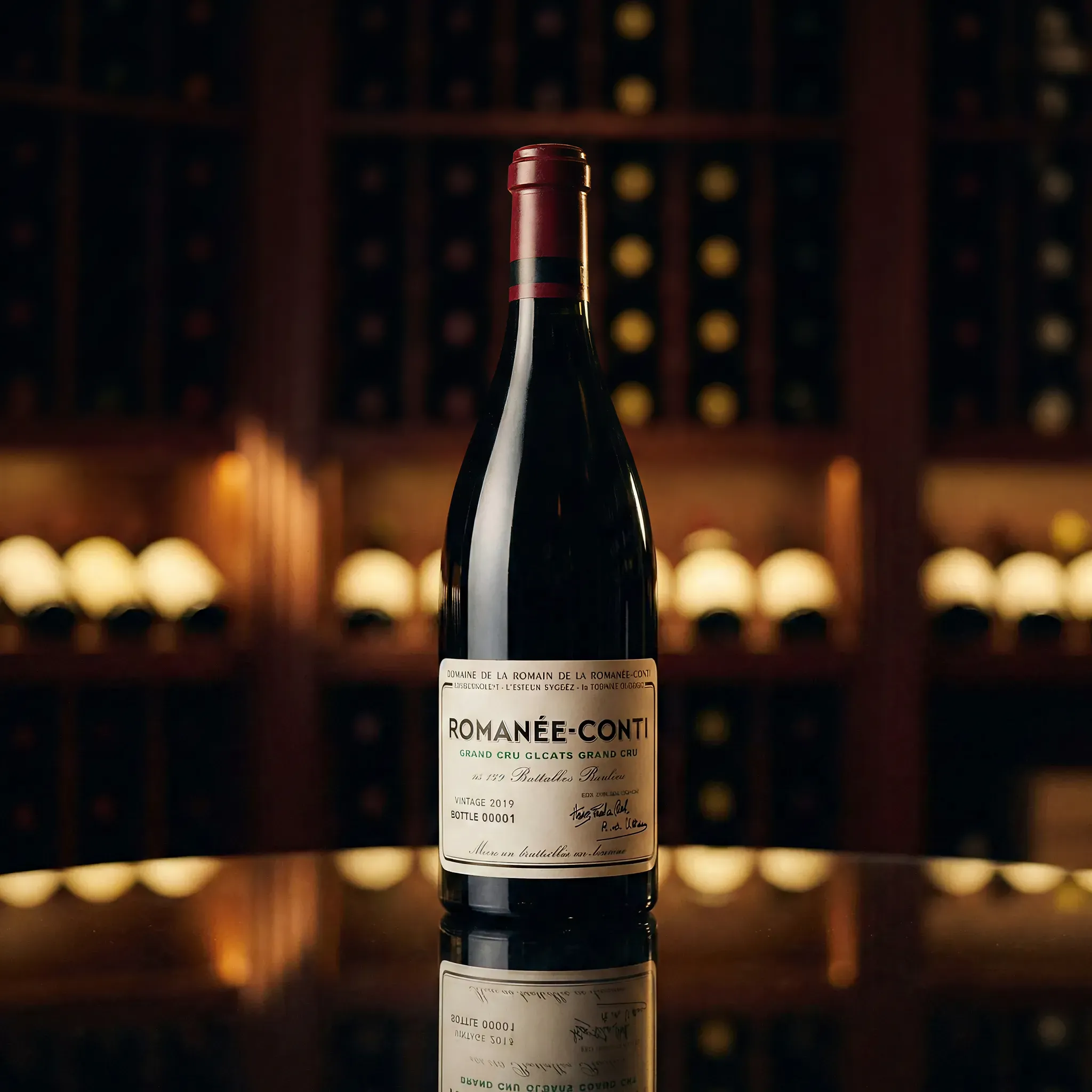 A bottle of Romanee-Conti wine stands on a reflective surface with dimly lit wine shelves in the background, creating an elegant and luxurious ambiance.