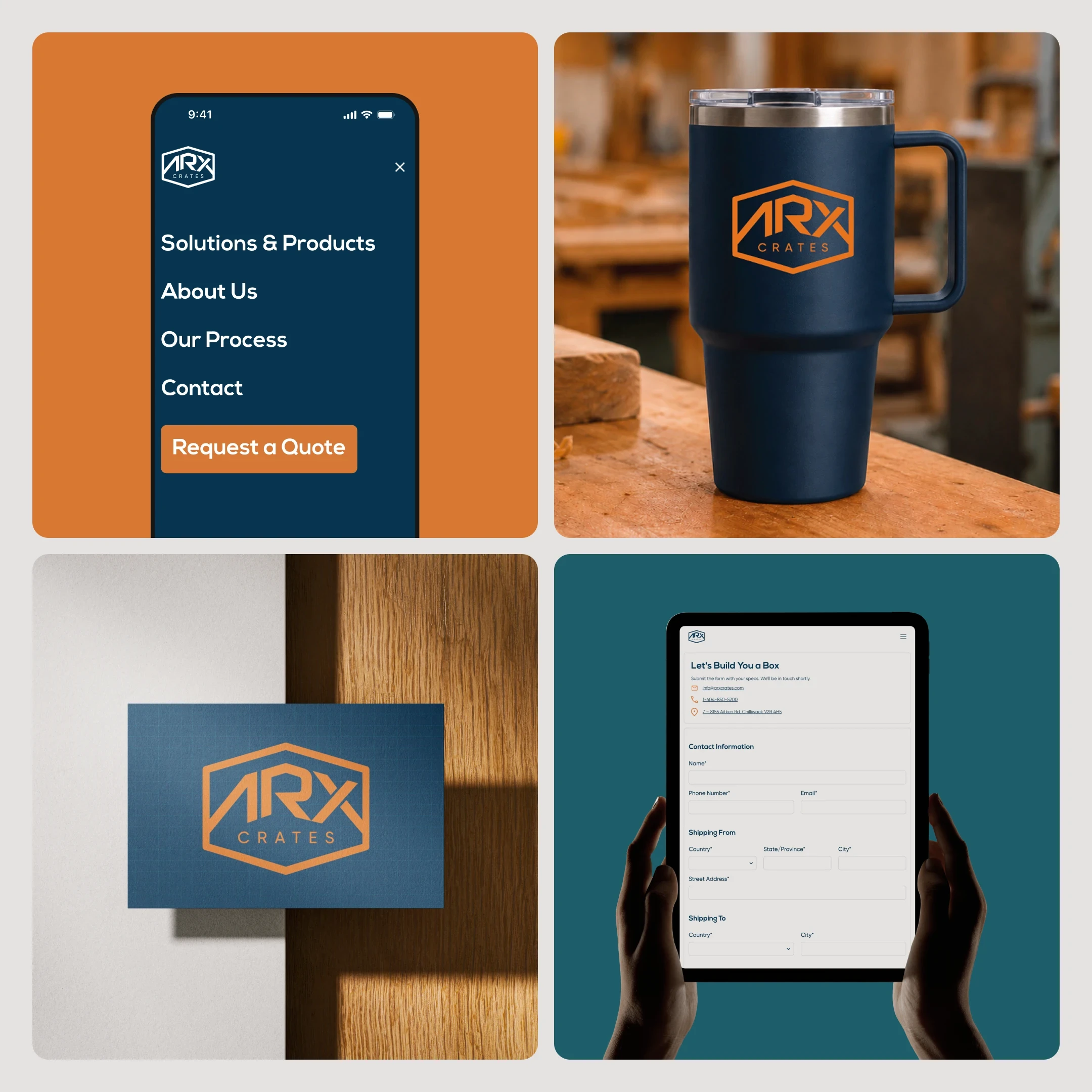 Arx Crates brand collateral including mobile menu, branded travel mug, business card and tablet quote form