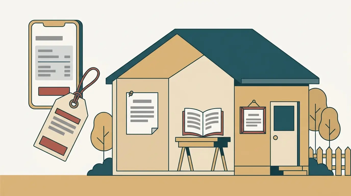 Illustration showing a price tag attached only to the booking screen, not to the house rules, guidebook or door sign.